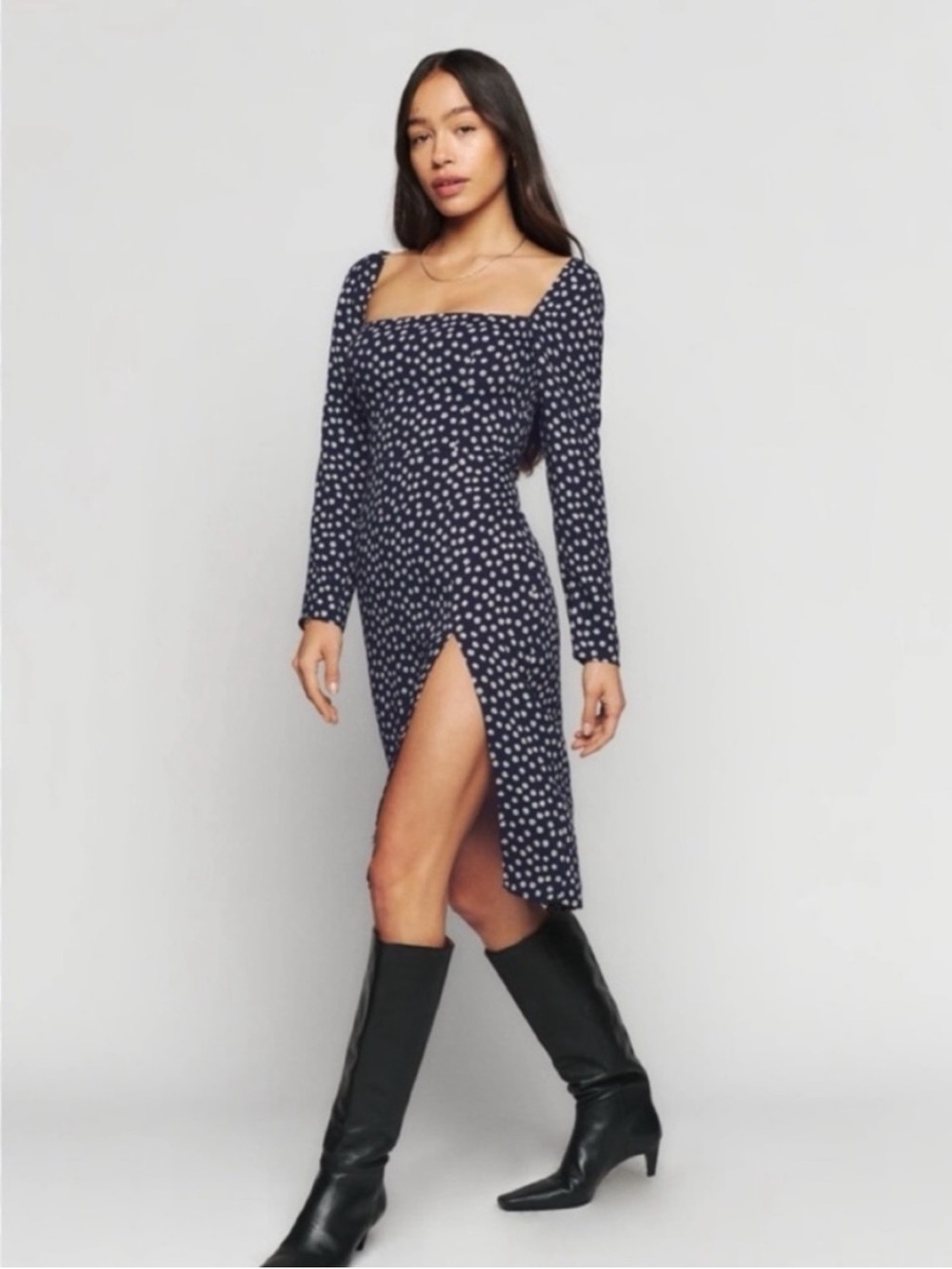 Reformation Peyton Dress Navy Polka Dot Midi Long Sleeve Square Neck Side Slit 4